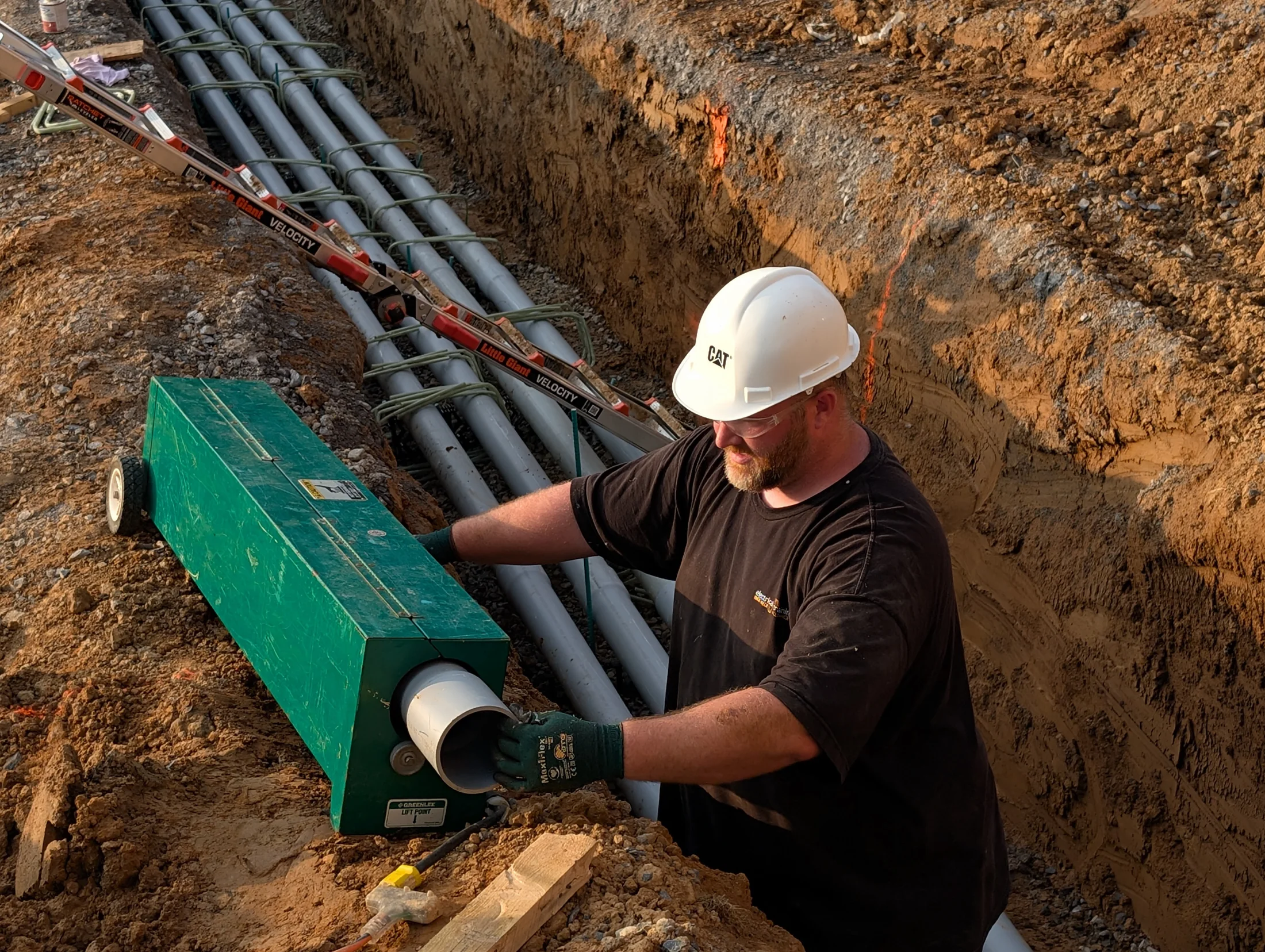 Electrician working on underground duct bank conduit installation